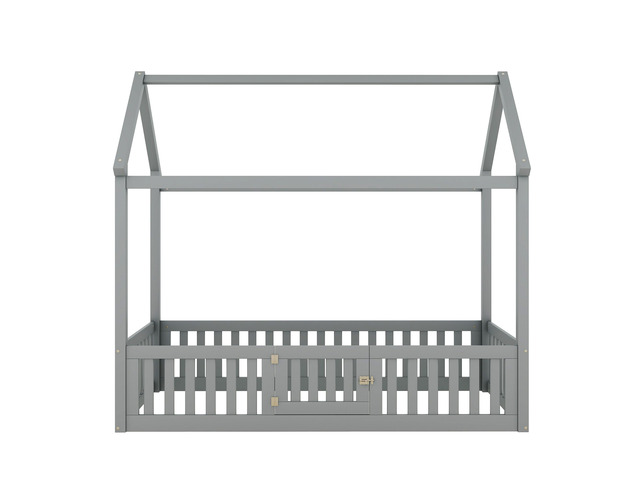 Twin Size Wood House Bed With Fence And Door, Gray(Old Sku: Wf303131Aae)