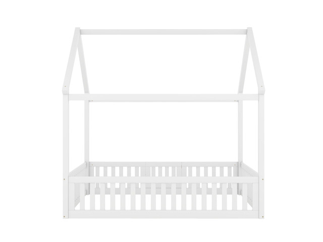 Full Size Wood House Bed With Fence And Door, White(Old Sku: Wf303134Aak)