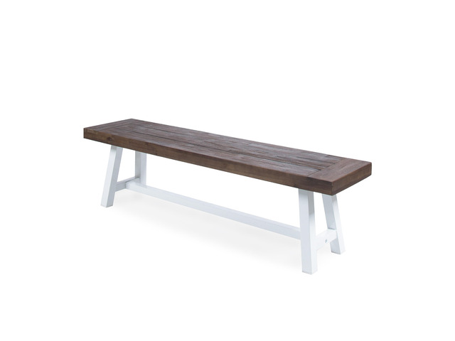 Dark Brown Sandblast Finish Acacia Wood Dining Bench with White Rustic Metal Finish Frame
