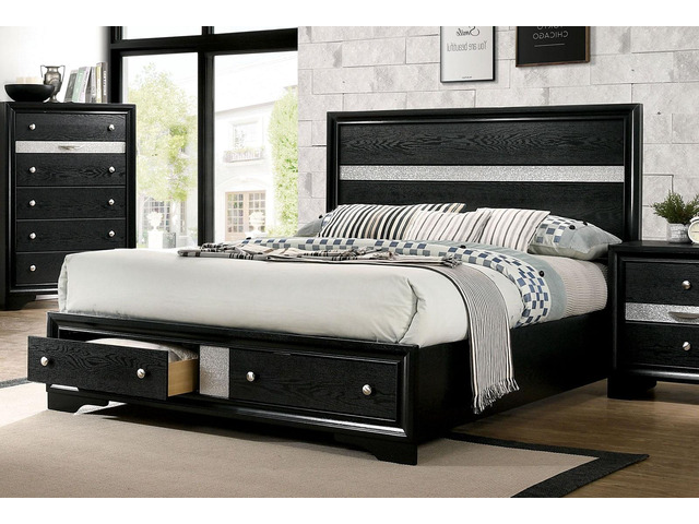 1Pc Contemporary Queen Size Bed Black Solidwood 1Pc Bed Bedroom Furniture Storage Fb