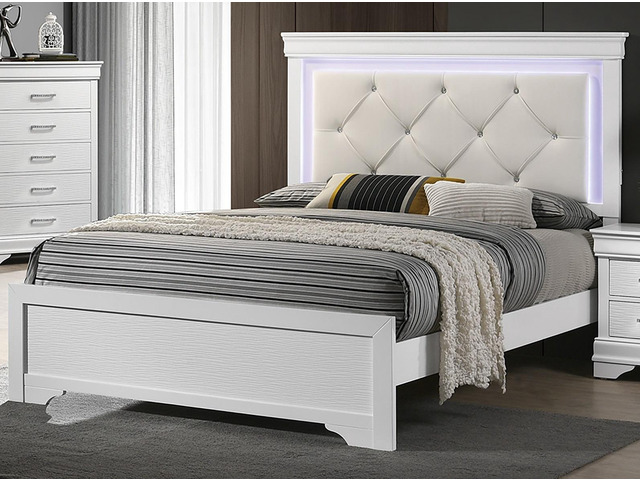 White Faux Leather Tufted Headboard 1pc Queen Size Bed w LED Bedroom Furniture White Unique Texture FB Solid wood