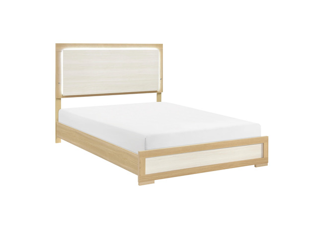 Contemporary Natural and White Finish Queen Size Bed LED Panel Headboard Wooden Bedroom Furniture 1pc
