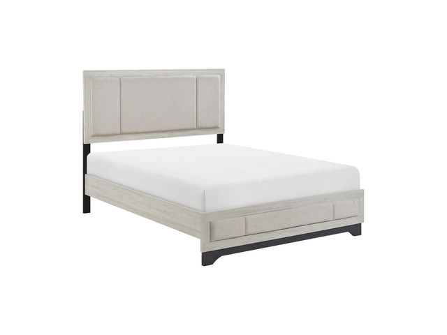 Contemporary Two-Tone White Oak And Gray Finish Platform Queen Bed Upholstered Headboard Footboard Bedroom Furniture 1Pc