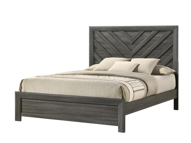 1Pc Queen Size Bed Rustic Gray Finish Wooden Bedroom Furniture Geometric Design Chevron Pattern