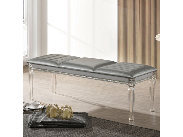 Antique Classic Silver 1pc Bench Only Contemporary Solid wood Acrylic Legs Crystal And Mirror Accent