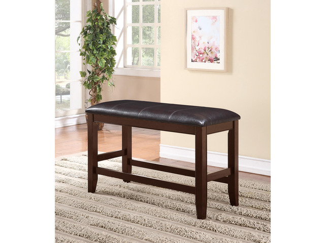 Farmhouse Style 1pc Brown Espresso Counter Height Bench Footrest Faux Leather Upholstered Seat Wooden Furniture