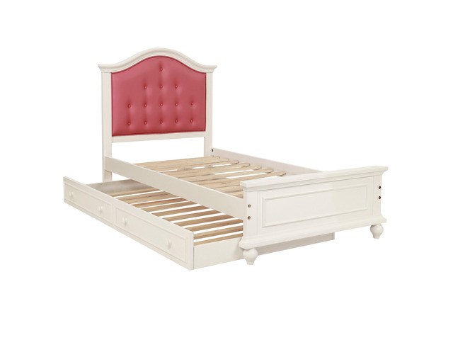 Contemporary Style Twin Size Bed W/ Trundle Slats Pine Plywood Kids Youth Bedroom Furniture Pink Faux Leather Tufted Hb