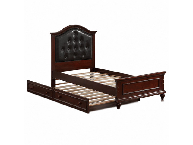 Contemporary Style Dark Cherry Twin Size Bed W/ Trundle Slats Pine Plywood Bedroom Furniture Black Faux Leather Tufted Hb