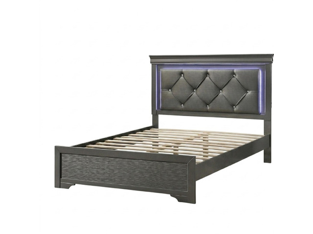 Dark Gray Faux Leather Tufted Headboard 1pc Eastern King Size Bed w LED Bedroom Furniture Gray Unique Texture FB Solid wood