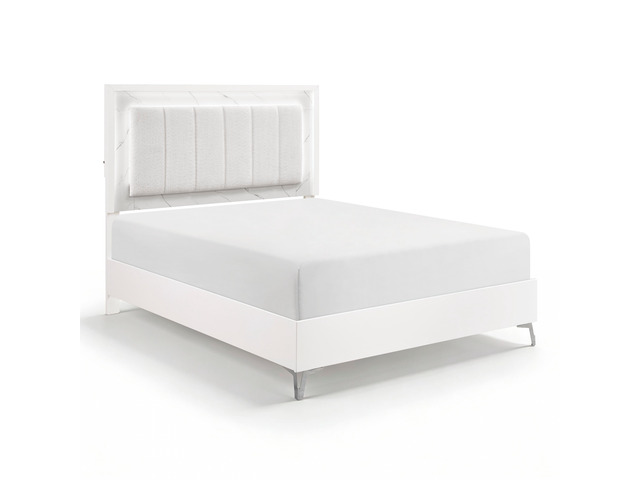 Glam White Queen Panel Bed Led Light Upholstered Headboard Faux Marble Laminated Top Chrome Metal Legs Bedroom Furniture 1Pc
