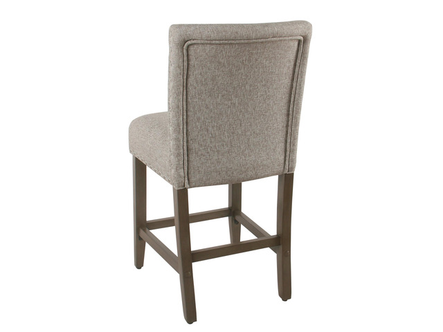 Fabric Upholstered Wooden Counter Stool with Striking Nail head Trims, Gray and Brown