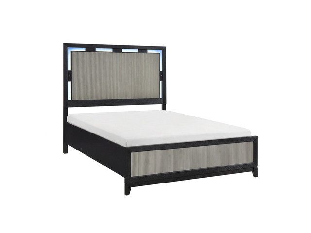 Contemporary Charcoal Gray Finish Queen Size Bed Integrated LED Backlighting Solid Wood Bedroom Furniture 1pc Reeded Panels