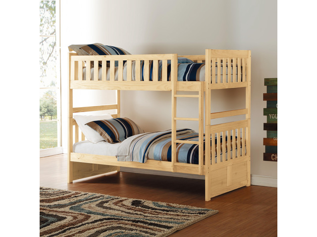 Bunk Bed Twin Over Twin Natural Pine Finish Sturdy Ladder Wooden Transitional Bedroom Furniture 1Pc Children Bed