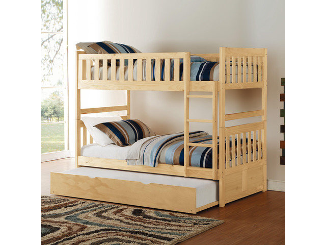 Twin Over Twin Bunk Bed With Trundle Natural Pine Finish Sturdy Ladder Wooden Transitional Bedroom Furniture 1Pc Children Bed