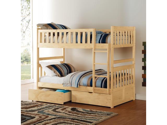 Twin Over Twin Bunk Bed With Storage Boxes Natural Pine Finish Sturdy Ladder Wooden Transitional Bedroom Furniture 1Pc Children Bed