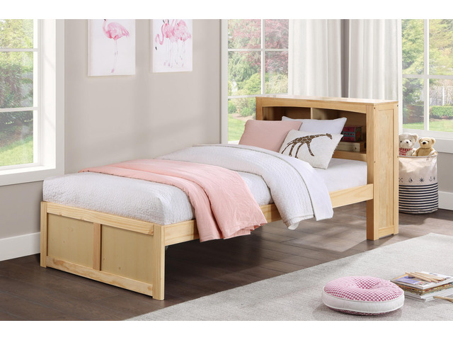 Modern Twin Size Platform Bed Bookcase Headboard Natural Pine Finish Wooden Bedroom Furniture 1Pc