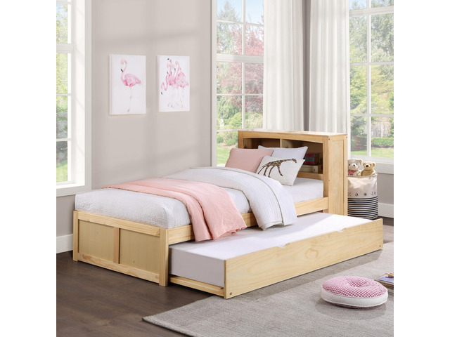 Modern Twin Size Platform Bed With Trundle Bookcase Headboard Natural Pine Finish Wooden Bedroom Furniture 1Pc