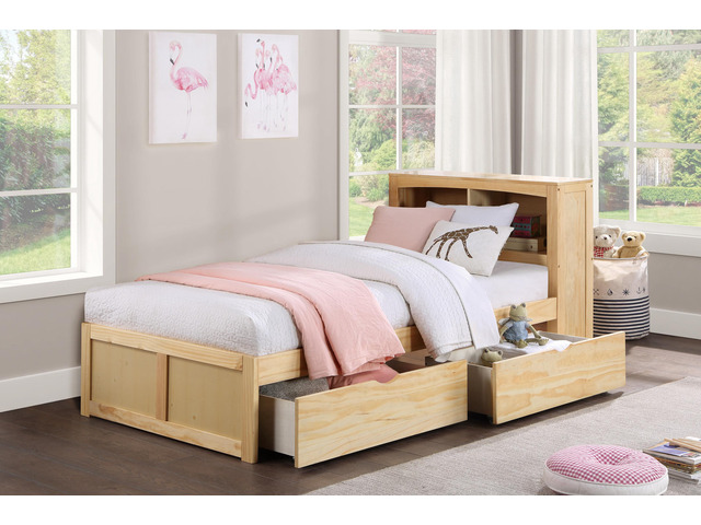 Modern Twin Size Platform Bed With Bookcase Headboard Storage Boxes Natural Pine Finish Wooden Bedroom Furniture 1Pc