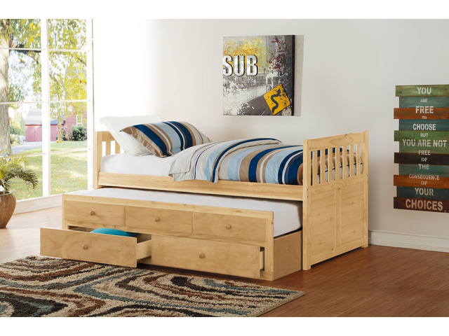 Twin/Twin Trundle Bed With Storage Drawers Natural Pine Finish Wooden Bedroom Furniture 1Pc Captain Bed