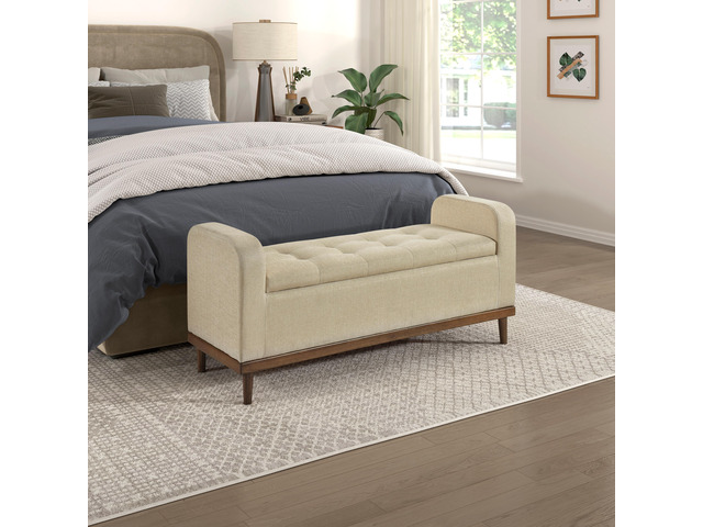 Mid-Century Modern Lift Top Storage Bench 1pc Light Brown Upholstered Tufted Solid Wood Walnut Finish Wooden Furniture