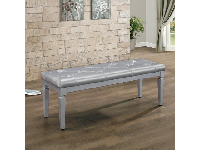 Modern Glam Silver Finish 1pc Bench Tufted Seat Foam Cushioned Faux Leather Upholstery Bedroom Furniture Home Decor