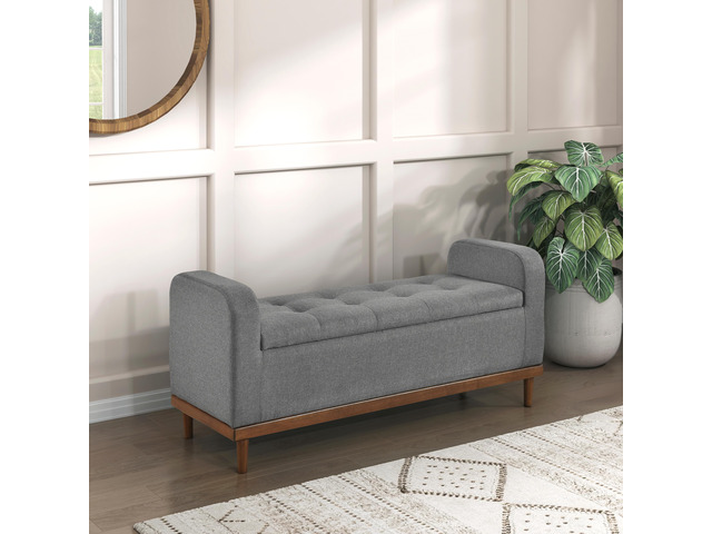 Mid-Century Modern Lift Top Storage Bench 1pc Tufted Gray Upholstered Solid Wood Walnut Finish Wooden Furniture