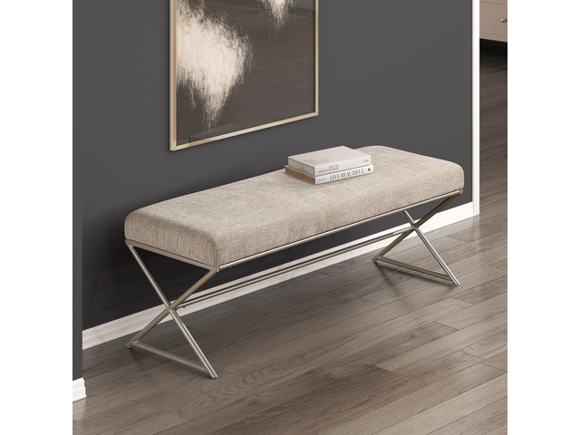 Contemporary Upholstered Bench Taupe Chenille Seat Plush Comfort Home Furniture 1pc Entryway Bench Metal Frame Champagne Finish