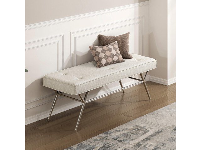 Contemporary Upholstered Bench Beige Tufted Seat Plush Comfort Home Furniture 1pc Entryway Bench Metal Legs Champagne Finish