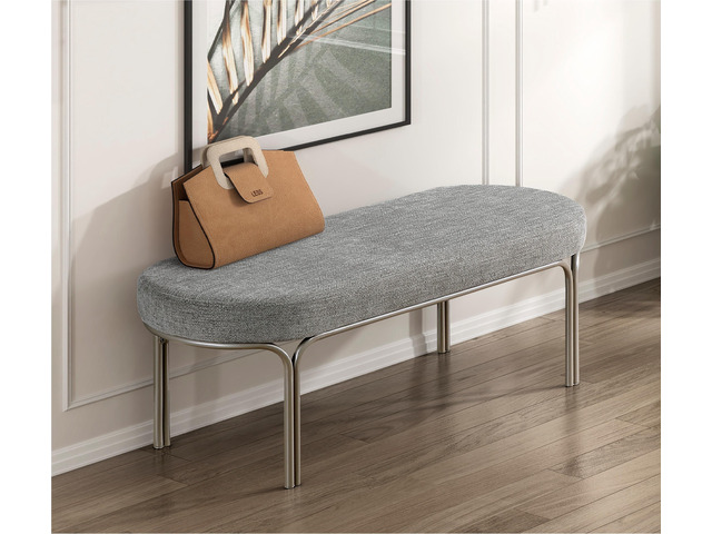 Modern Home Furniture 1pc Stylish Bench Gray Chenille Upholstery Sleek Design Champagne Finish Metal Legs Entryway Bench