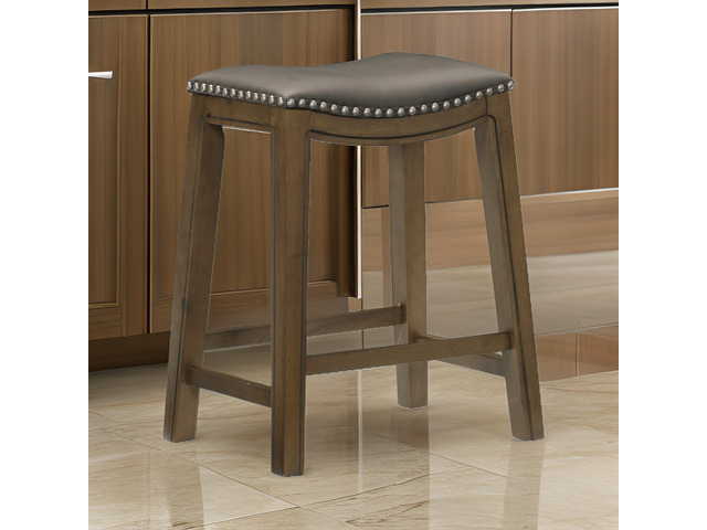 Miel 26 Inch Counter Height Stool, Gray Faux Leather Seat, Brown Solid Wood