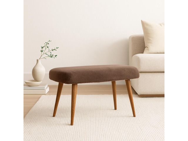 Solid Wood Faux Fur Fabric Bench, Upholstered, Nordic Legs, Mocha and Brown
