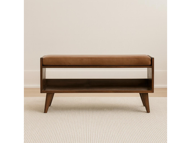 Solid Wood Chestnut Bench with Leather Seat pad, Nordic Legs, Tan and Dark Brown
