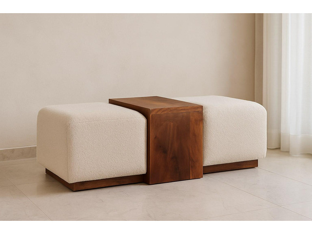 Solid Wood Arden Bench Duo,Boucle seats,Warm Tone