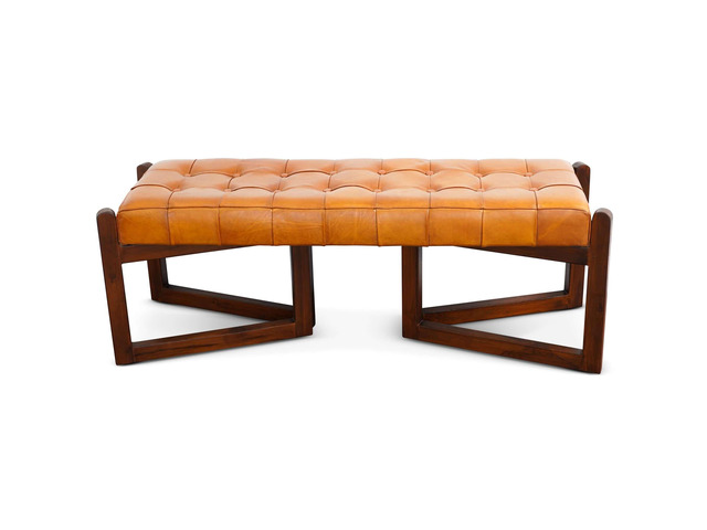 Mid-Century Riley Tan Bedroom Leather Bench with Solid Wood Frame and Tapered Legs 18.9'H x 52.4'W x 17.3'D for Entryway Dining Room Living Room...