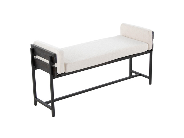 18' Bench with Black Metal, Grey Wood and Cream Fabric