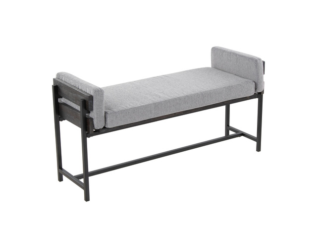 18' Bench with Black Metal, Grey Wood and Light Grey Fabric
