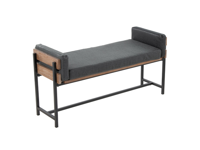 18' Bench with Black Metal, Brown Wood and Black Faux Leather