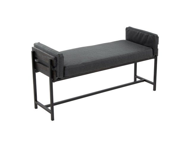 18' Bench with Black Metal, Grey Wood and Black Faux Leather
