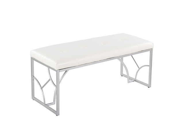 Contemporary Bench in Silver Metal and White Faux Leather