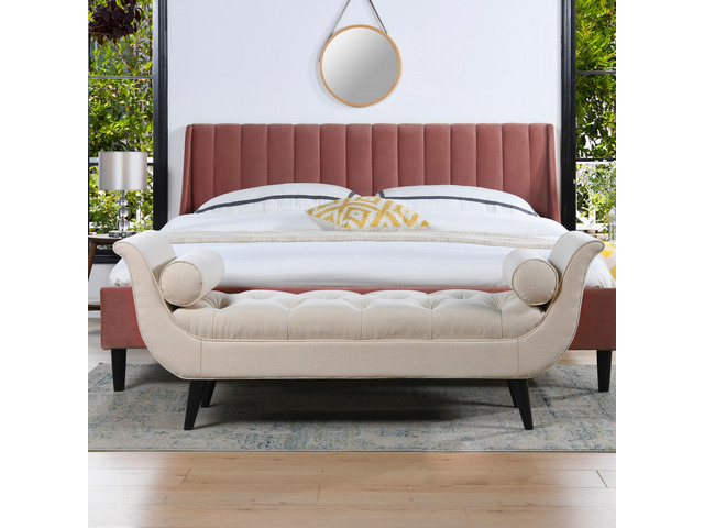 Alma Tufted Flared Arm Entryway Bench, Sky Neutral Beige Polyester