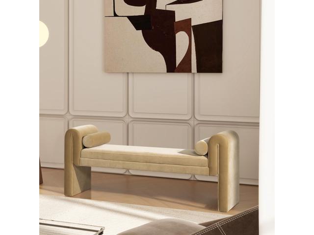 Mason 60.5' Arched Arm Bench with Bolster Pillows, Camel Brown Beige Performance Velvet