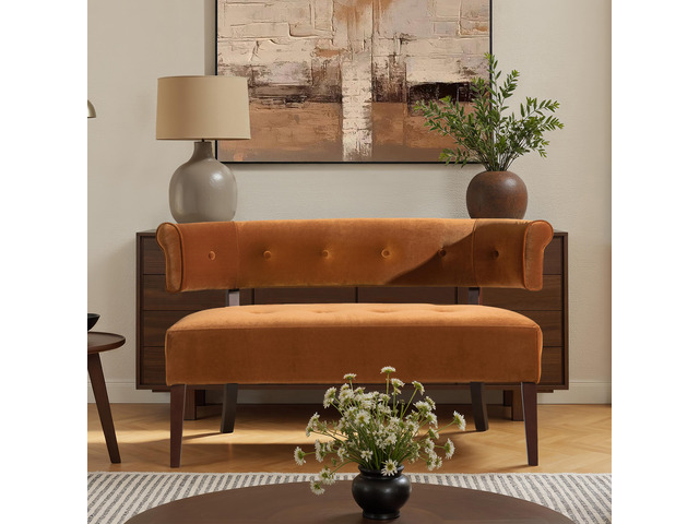 Jared Roll Arm Tufted Bench Settee, Burnt Orange Performance Velvet