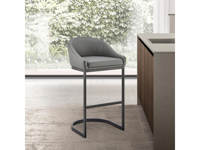 Ambrie Counter Stool in Black Metal with Gray Faux Leather