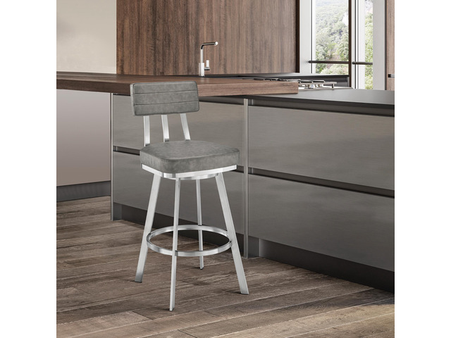 Verin 30' Swivel Bar Stool in Brushed Stainless Steel with Gray Faux Leather