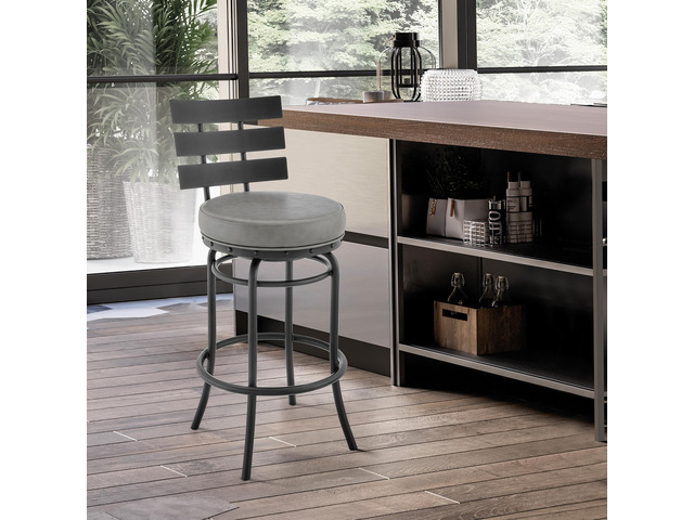 Xelora Swivel Counter or Bar Stool in Black Finish with Gray Faux Leather