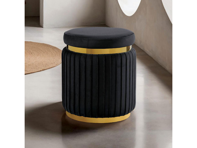 Black Finish Contemporary Style 1pc Round Accent Stool Stainless Steel Gold Trim Velvet Fabric Primary Living Room