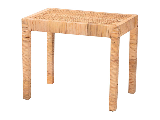 Modern Bohemian Natural Rattan and Mahogany Wood Short Accent Bench