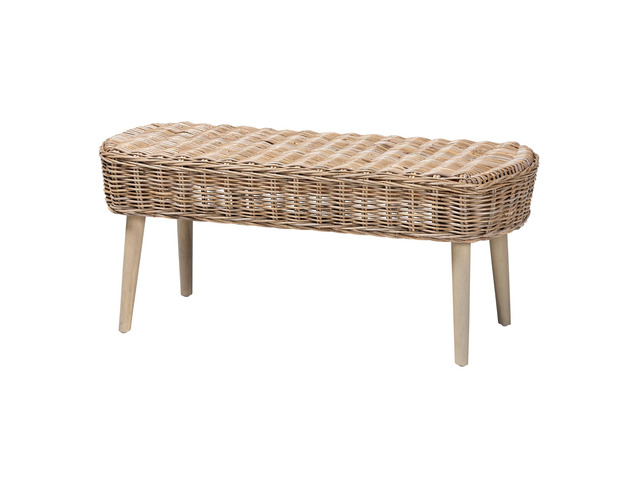 Modern Bohemian Natural Kubu Rattan and Grey Acacia Wood Accent Bench