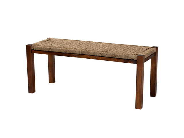 Mid-Century Modern Transitional Natural Seagrass and Mahogany Wood Bench