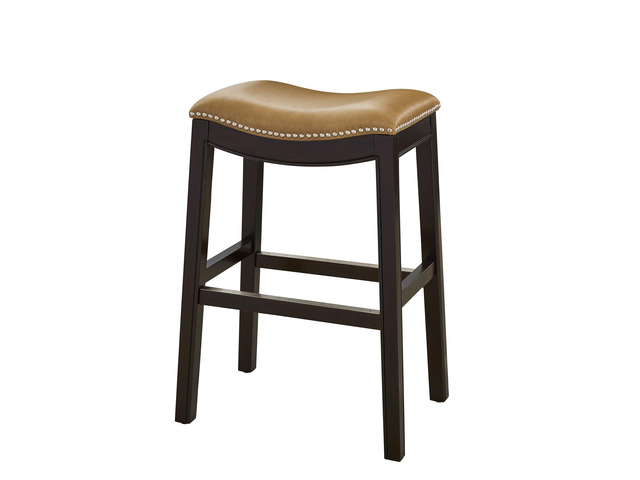 26in. H Counter-Height Wood Barstool with Tan Faux-Leather Seat, 1PC